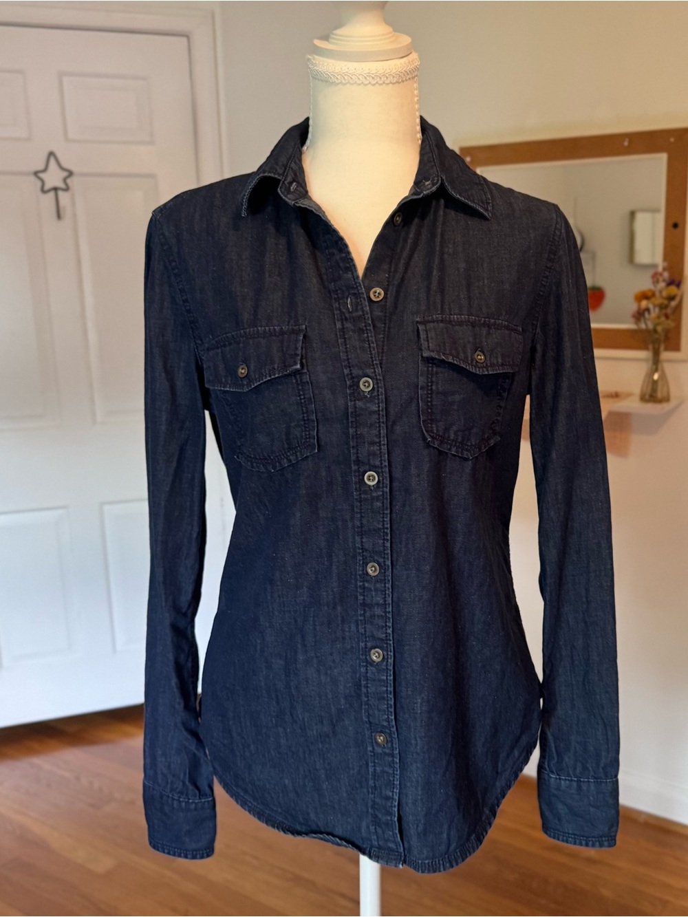 Banana Republic Lightweight Cotton Linen Blend Dark Indigo Denim Shirt Sz Small